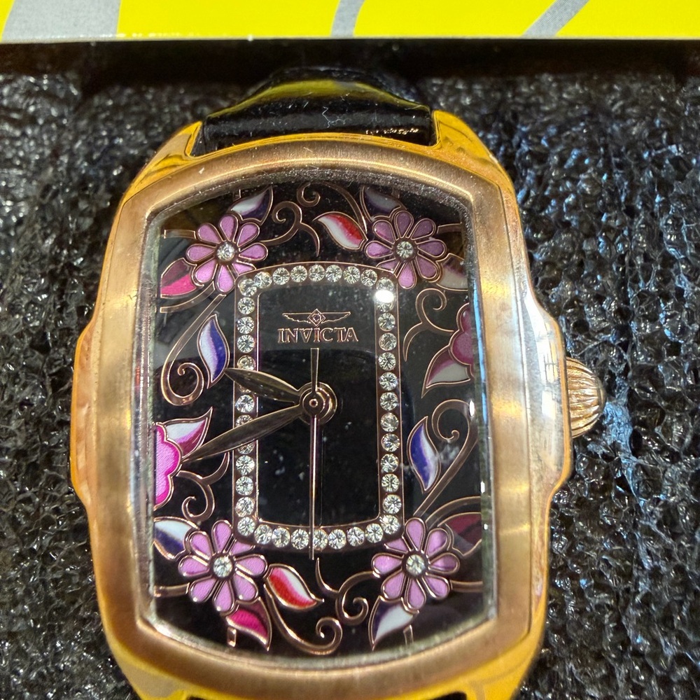 Invicta Gold-Tone Ladies Watch with Black Dial and Pink Floral Accents
